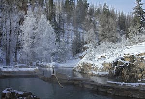 steaming water at Strawberry Park Hot Springs in winter